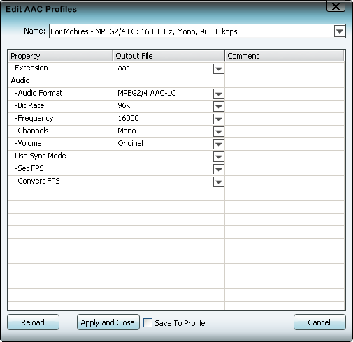 Edit AAC profile, settings, parameters