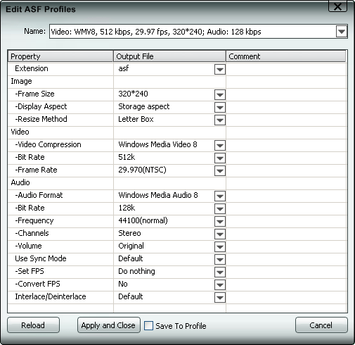 Edit ASF profile, settings, parameters