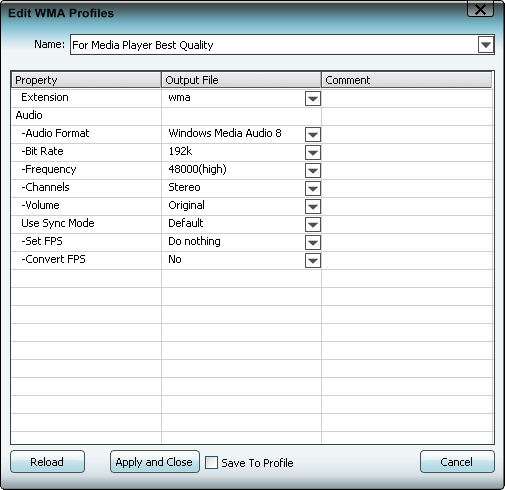Edit WMA profile, settings, parameters