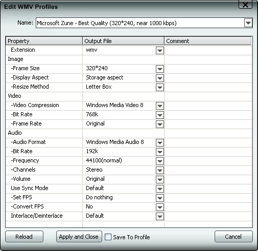 Edit WMV profile, settings, parameters