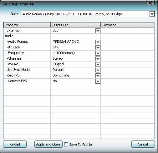 Edit 3GP Audio profile, settings, parameters