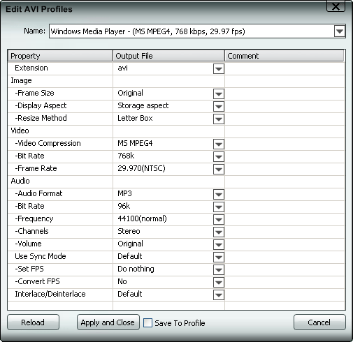 Edit AVI profile, settings, parameters