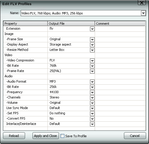 Edit FLV profile, settings, parameters