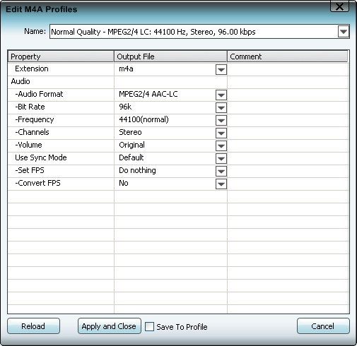 Edit M4A profile, settings, parameters