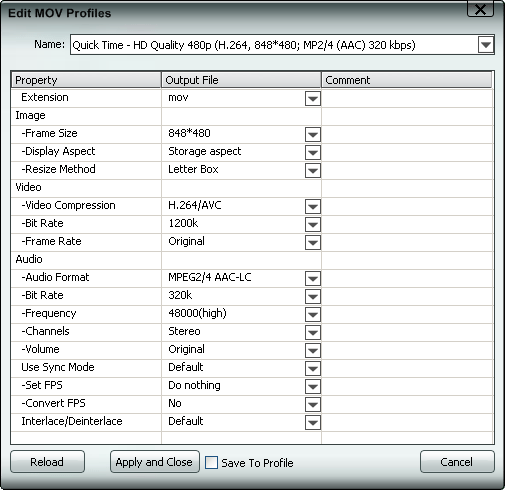 Edit MOV profile, settings, parameters