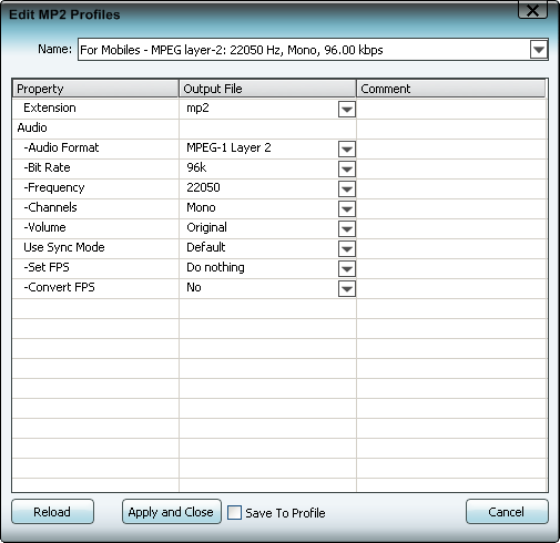 Edit MP2 profile, settings, parameters