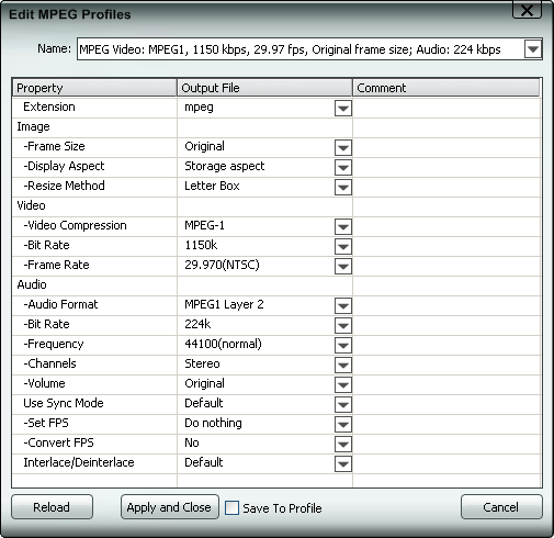 Edit MPEG profile, settings, parameters
