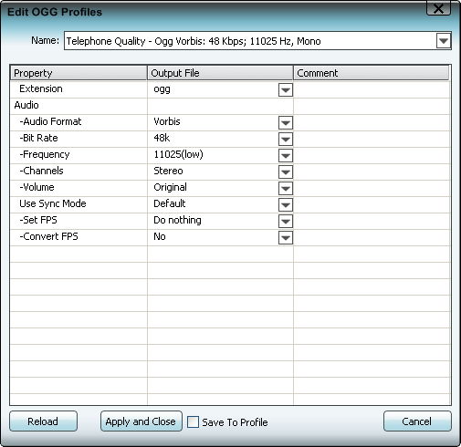 Edit OGG profile, settings, parameters