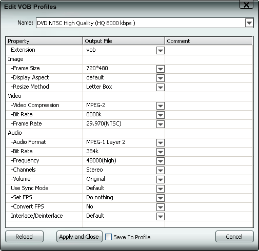 Edit VOB profile, settings, parameters