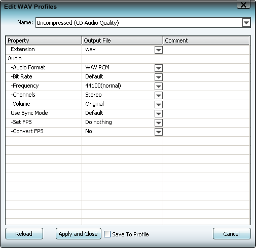 Edit WAV profile, settings, parameters